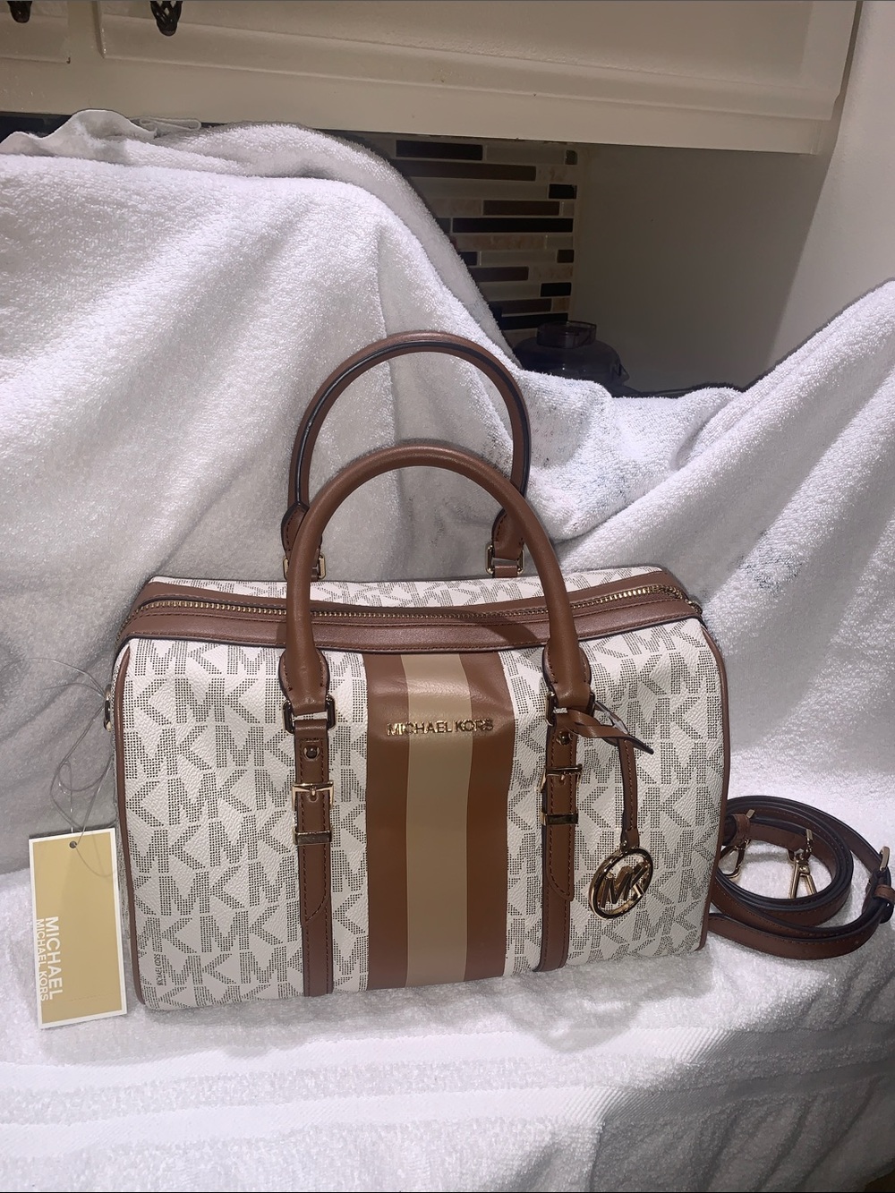 Michael Kors Brown and Cream MK Signature Satchel with Stripe